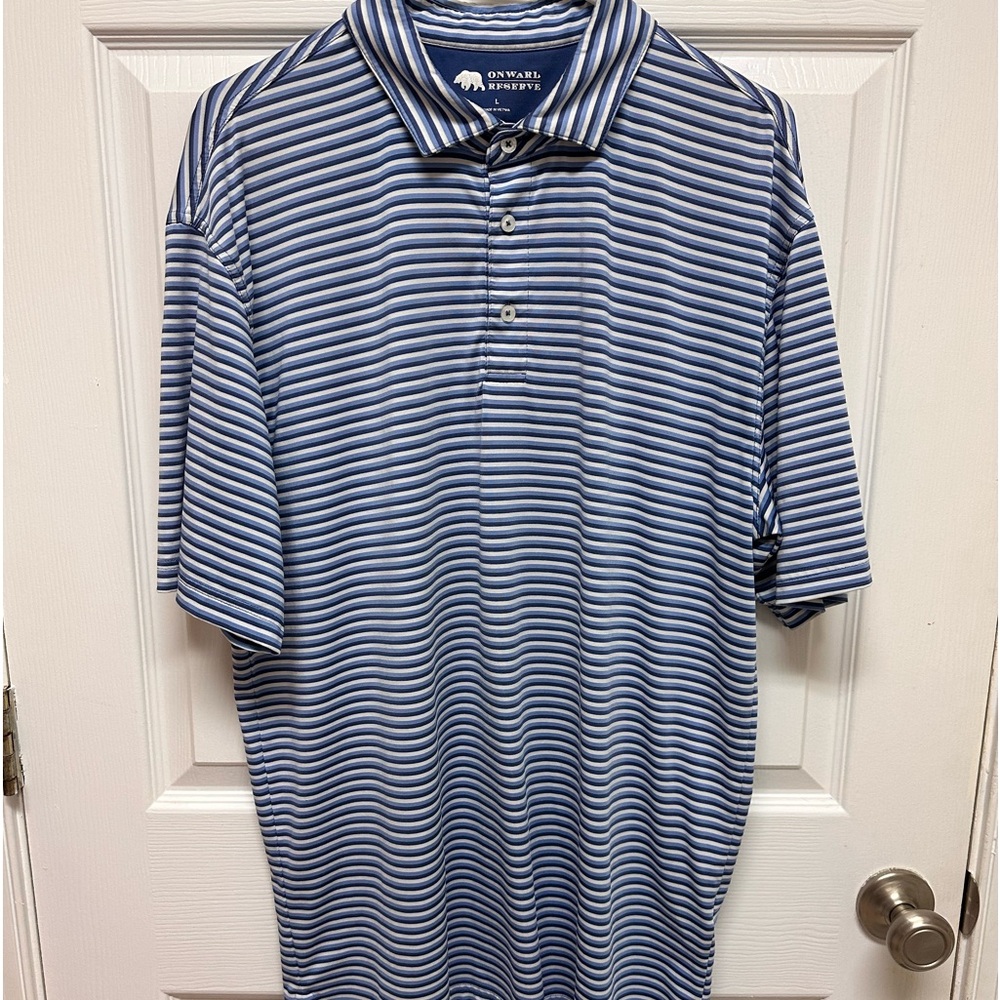Onward Reserve Performance Navy Blue And White Striped Golf Polo Size Large